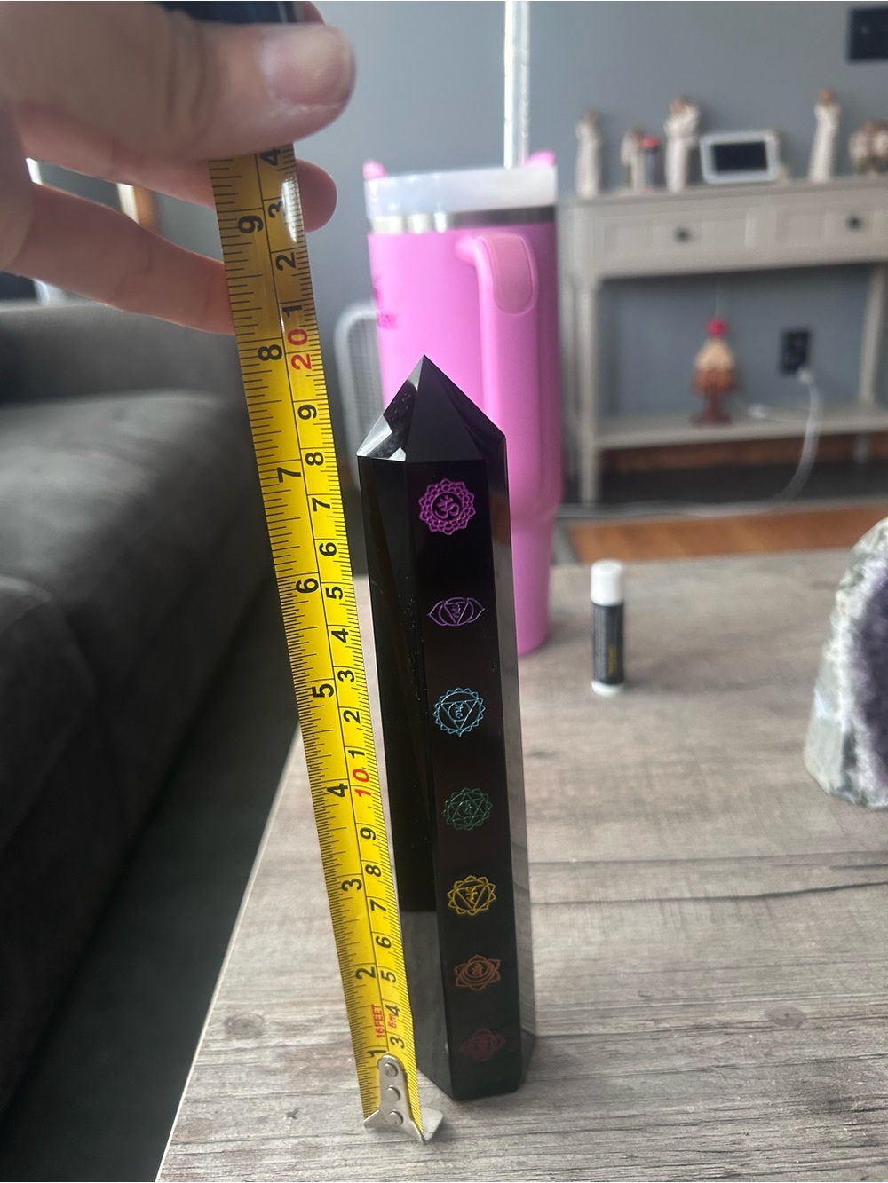Black Chakra Engraved Crystal Generator Tower